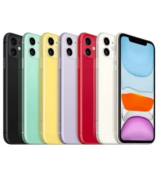 Apple iPhone 11 in various colors including black, green, yellow, purple, red, and white