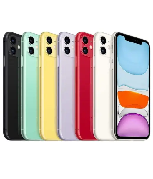 Apple iPhone 11 in various colors including black, green, yellow, purple, red, and white