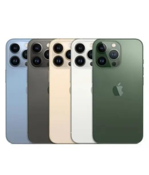 Apple iPhone 13 Pro models in various colors including blue, graphite, gold, silver, and green.