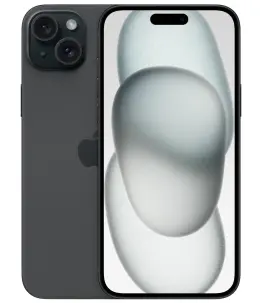 Apple iPhone 15 Plus in black with dual cameras and abstract wallpaper