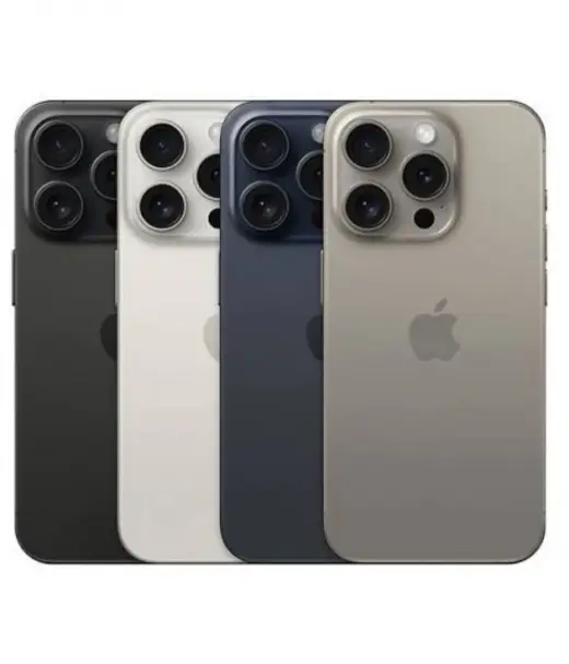 Apple iPhone 15 Pro models in four colors: black, white, navy, and gold.