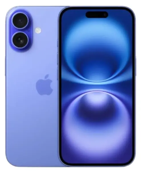 Apple iPhone 16 Plus in purple color showcasing dual cameras and vibrant display.