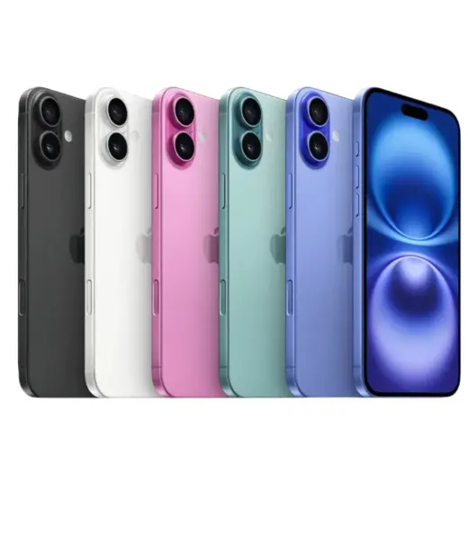 Apple iPhone 16 Plus in various colors including black, white, pink, green, and blue.