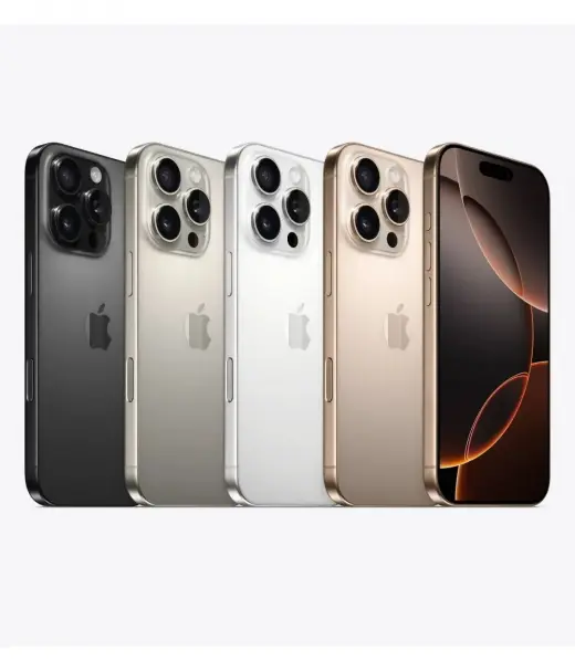 Apple iPhone 16 Pro Max in black, silver, white, and gold colors lined up