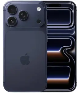 Apple iPhone 17 Pro Max in dark blue color showcasing its camera and display features
