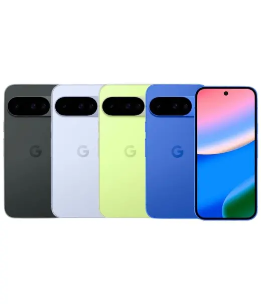 Google Pixel 10 smartphones in various colors including black, white, yellow, and blue.