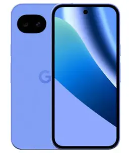 Google Pixel 10 smartphone in pastel blue color with dual cameras and vibrant display.