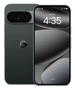Google Pixel 10 Pro smartphone in dark green color with clock display