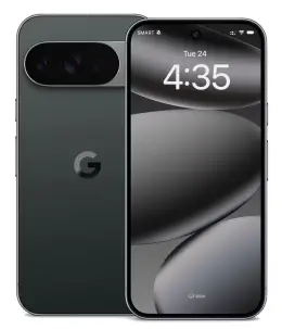 Google Pixel 10 Pro smartphone in dark green color with clock display