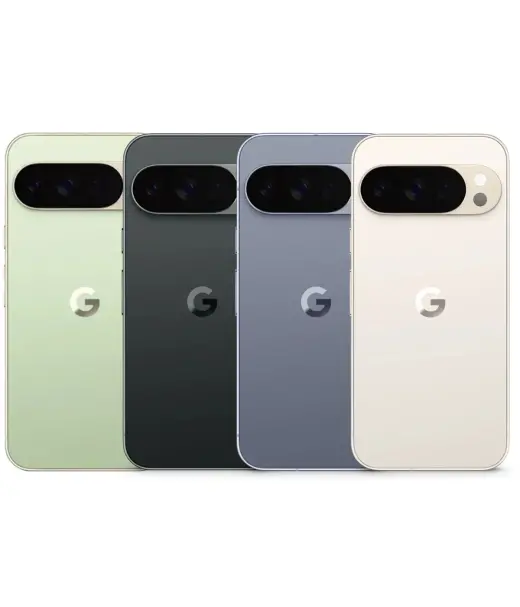 Google Pixel 10 Pro smartphones in four colors: green, black, gray, and white.