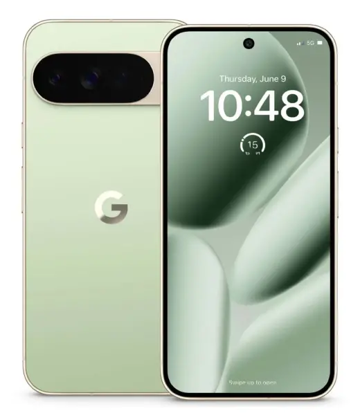 Google Pixel 10 Pro XL smartphone in mint green color with dual camera and display showing time.