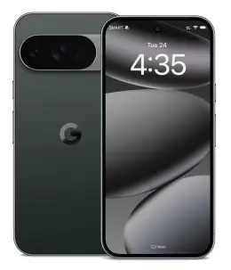 Google Pixel 10 Pro XL smartphone front and back view with time display