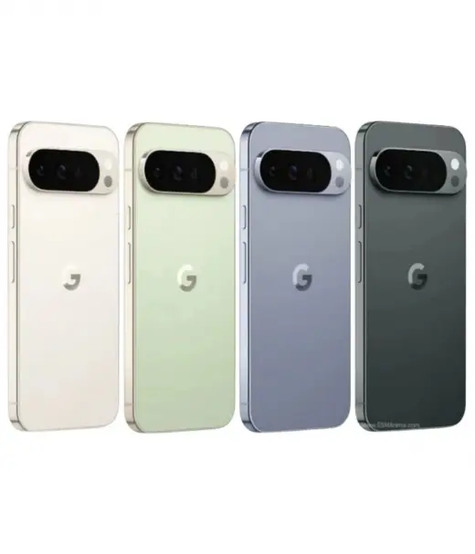 Google Pixel 10 Pro XL smartphones in four colors: white, green, blue, and black.
