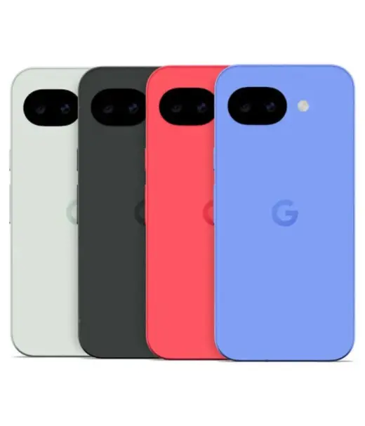 Google Pixel 10a smartphones in four colors: gray, black, red, and blue.