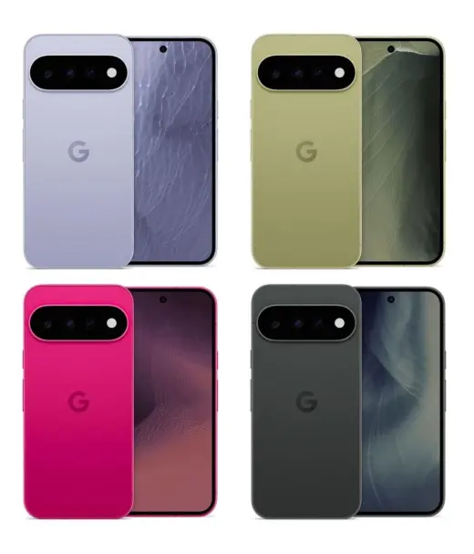 Google Pixel 11 smartphones in four colors: purple, green, pink, and black.