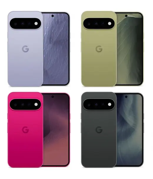 Google Pixel 11 smartphones in four colors: purple, green, pink, and black.