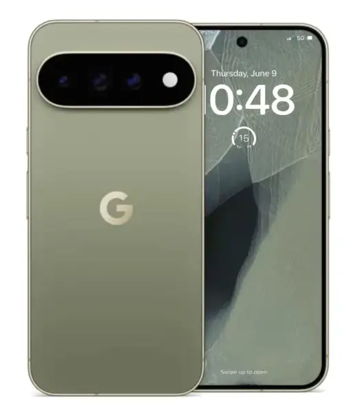 Google Pixel 11 Pro smartphone in olive green with dual camera and display showing time.