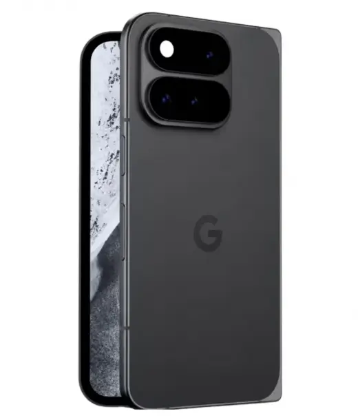 Google Pixel 11 Pro Fold smartphone showcasing dual camera design and sleek black finish.