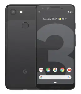 Google Pixel 3 smartphone displaying home screen and rear view in black color