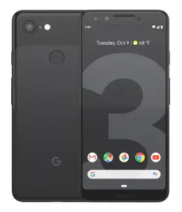 Google Pixel 3 smartphone displaying home screen and rear view in black color