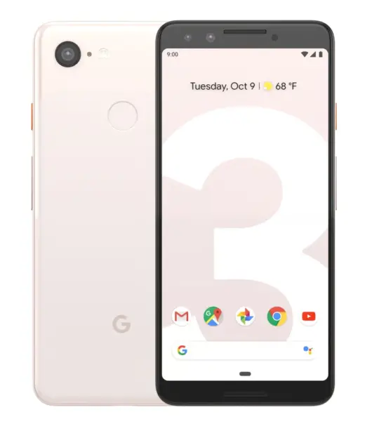 Google Pixel 3 smartphone displaying home screen with apps and date.