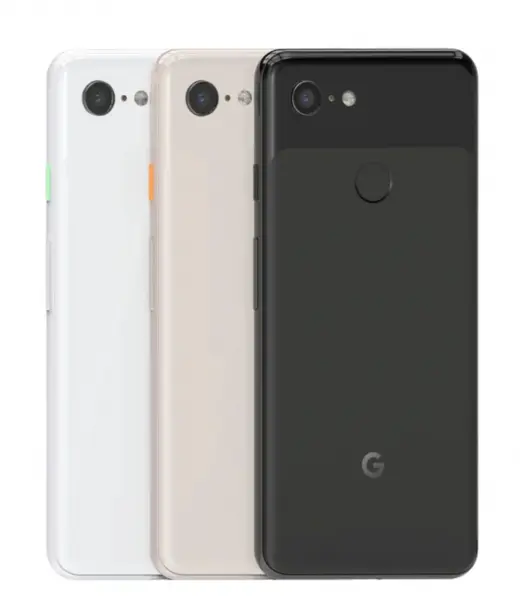 Google Pixel 3 smartphones in three colors: white, beige, and black.
