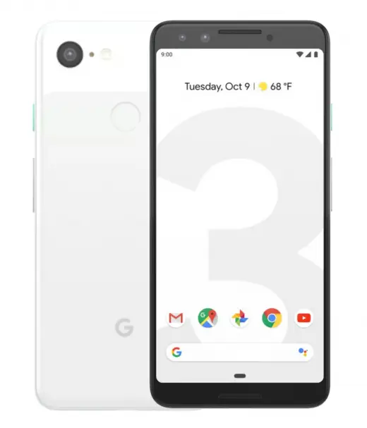 Google Pixel 3 smartphone displaying home screen with app icons and date.