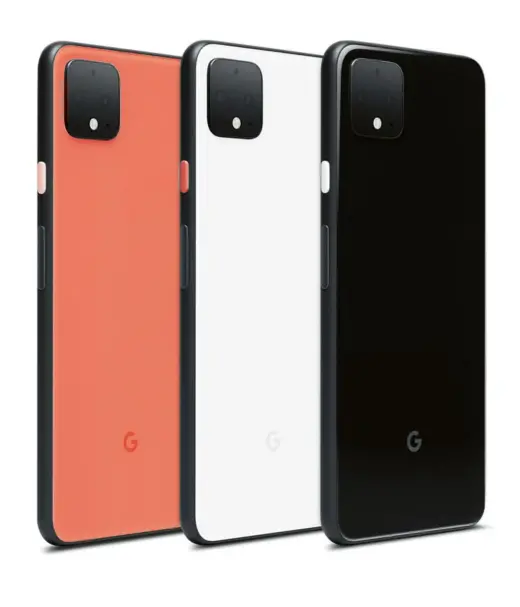 Google Pixel 4 XL smartphones in three colors: orange, white, and black.