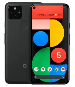 Google Pixel 5 smartphone displaying colorful interface and apps