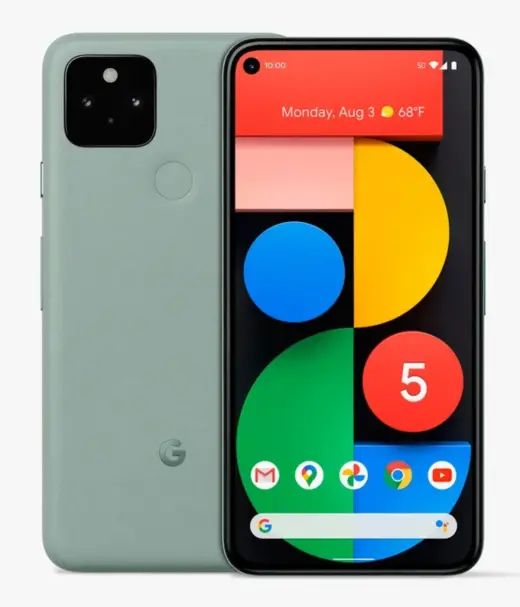 Google Pixel 5 smartphone in green color with colorful home screen