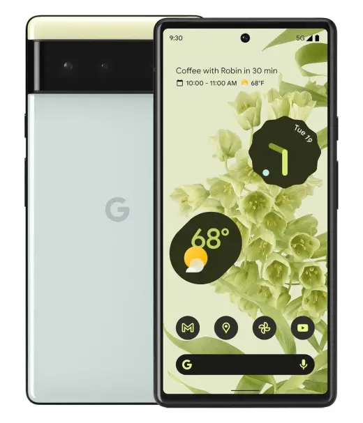 Google Pixel 6 smartphone displaying a floral wallpaper and weather information