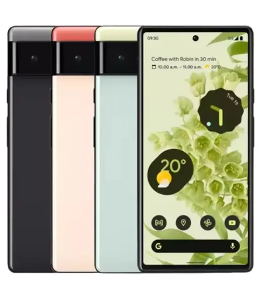 Google Pixel 6 smartphone in four colors with floral wallpaper on display
