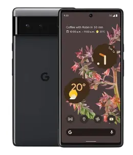 Google Pixel 6 smartphone displaying a colorful home screen with weather and calendar notifications.