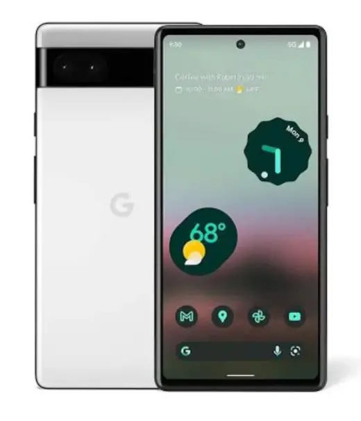 Google Pixel 6a smartphone displaying a weather app and calendar notifications