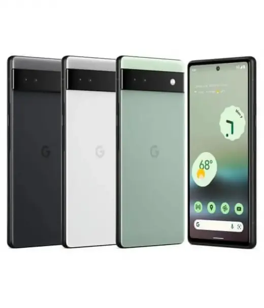 Google Pixel 6a smartphone in three colors: black, white, and green, displaying home screen.