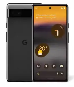 Google Pixel 6a smartphone displaying weather and app icons on screen.
