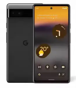 Google Pixel 6a smartphone displaying weather and app icons on screen.