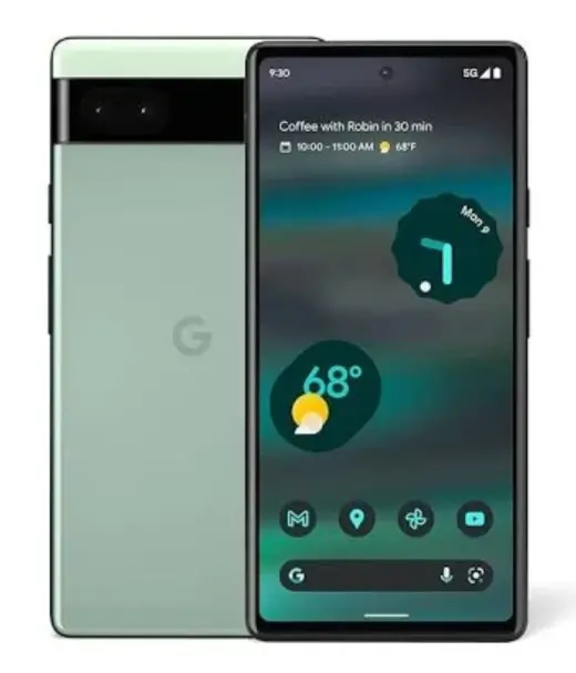 Google Pixel 6a smartphone displaying a calendar and weather app