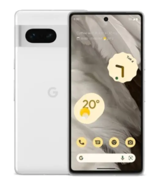 Google Pixel 7 smartphone displaying weather and calendar features