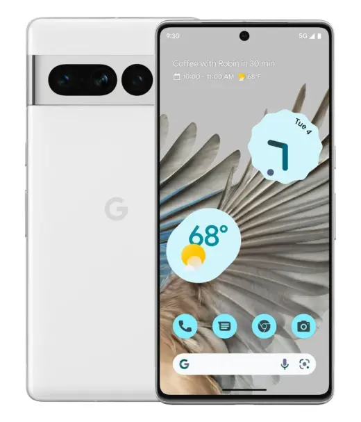 Google Pixel 7 Pro smartphone displaying a colorful home screen and weather information.