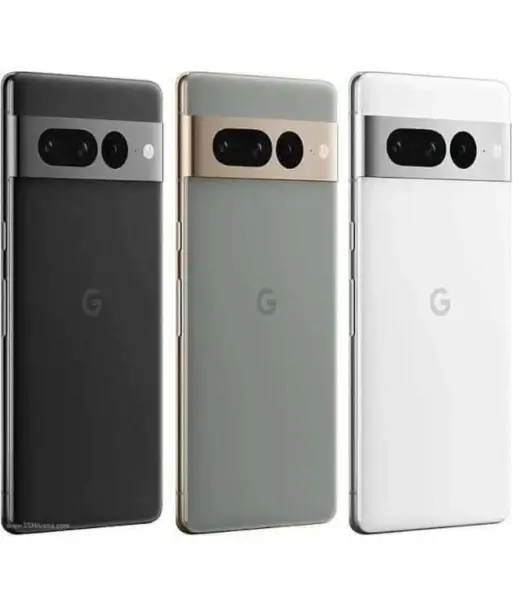 Google Pixel 7 Pro smartphones in black, gray, and white colors