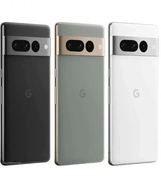 Google Pixel 7 Pro smartphones in black, gray, and white colors