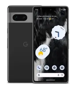Google Pixel 7a smartphone showcasing home screen and rear design.
