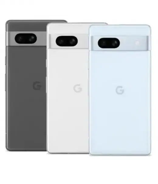 Google Pixel 7a smartphones in three colors: black, white, and light blue.