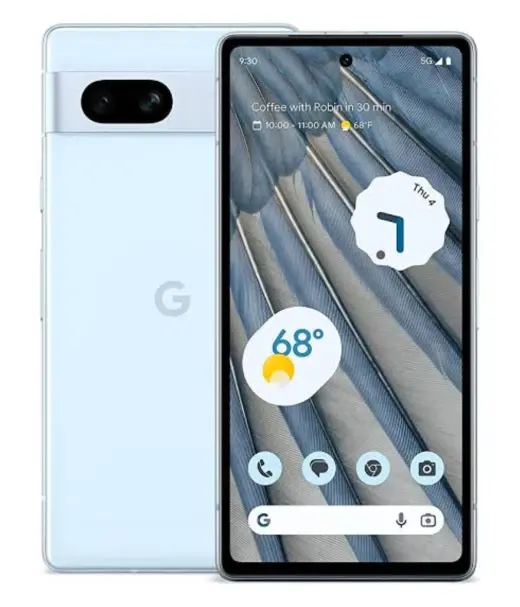 Google Pixel 7a smartphone in light blue with display showing weather and calendar.