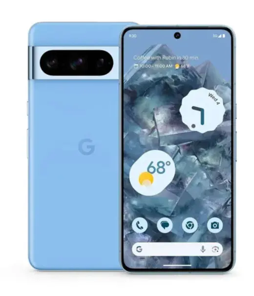 Google Pixel 8 Pro smartphone in blue with weather and calendar widgets on display