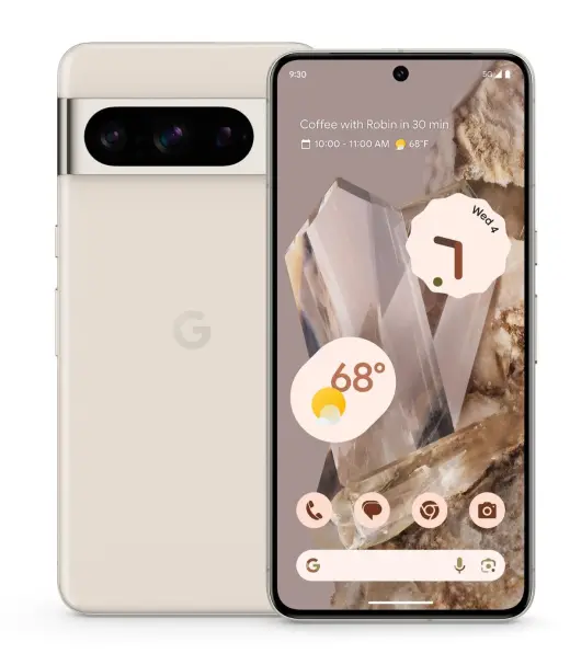 Google Pixel 8 Pro smartphone with a beige design and a crystal-themed home screen.