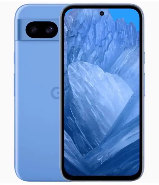 Google Pixel 8a smartphone in blue color with a vibrant display