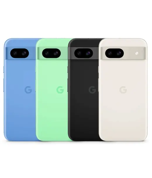 Google Pixel 8a smartphones in blue, green, black, and white colors