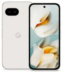 Google Pixel 9a smartphone showcasing dual cameras and floral wallpaper
